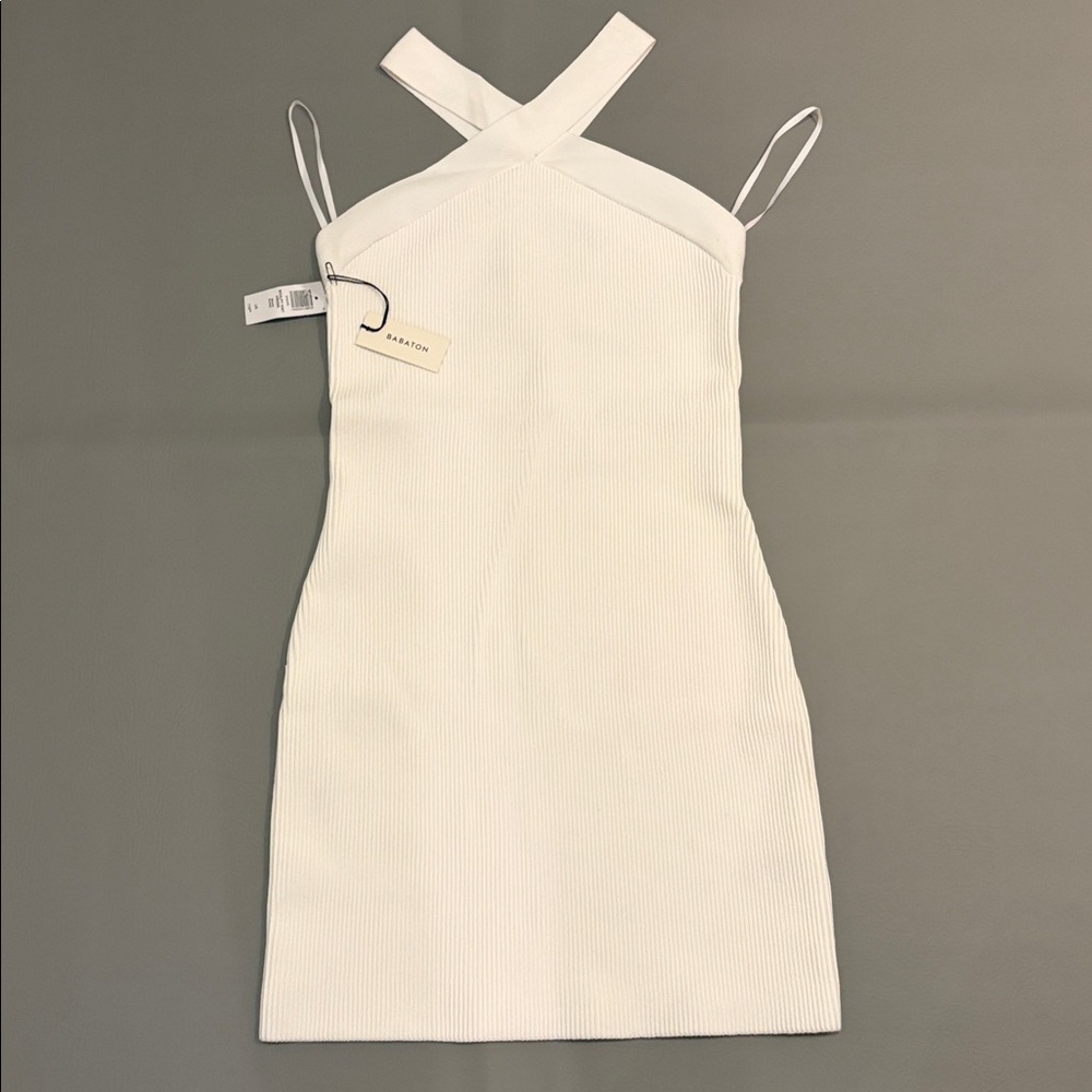 Aritzia Babaton Dress Mini NWT Sculpt Knit Cross Ribbed Halter White size Large - Picture 5 of 14